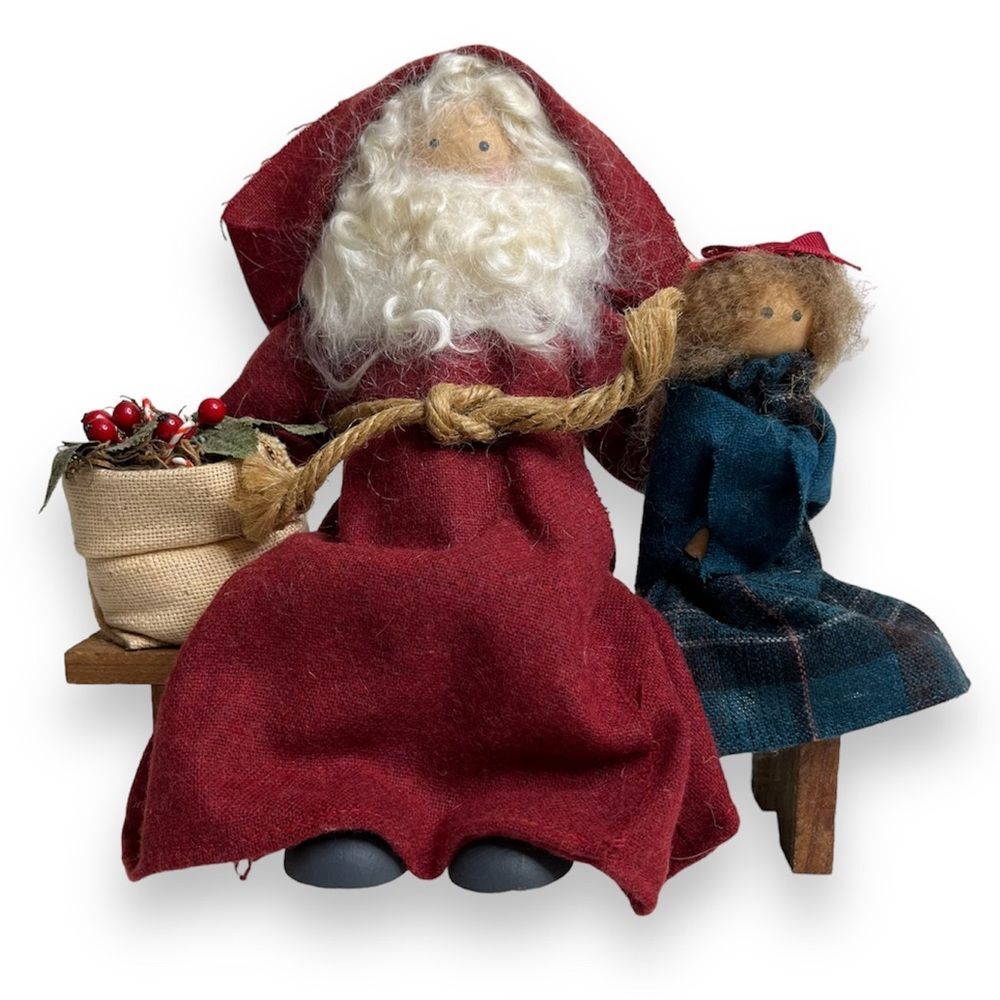 Vintage Lizzie High Wooden Folk Dolls Removable Santa Child Bench Handcrafted